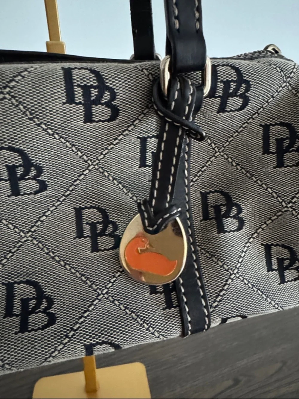 Dooney & Bourke Canvas Leather Duffel Barrel purse Monogram Black/Gray - Picture 4 of 10